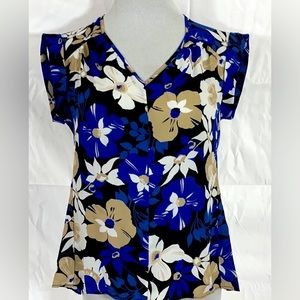 Nine West Womens Blue Floral Print Flutter Sleeves Blouse blue black size Xl
